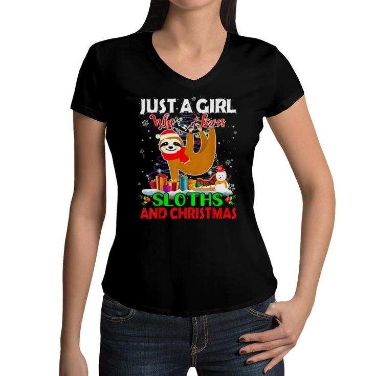 Just A Girl Who Love Sloths & Christmas Sloths Santa Light  Women V-Neck T-Shirt