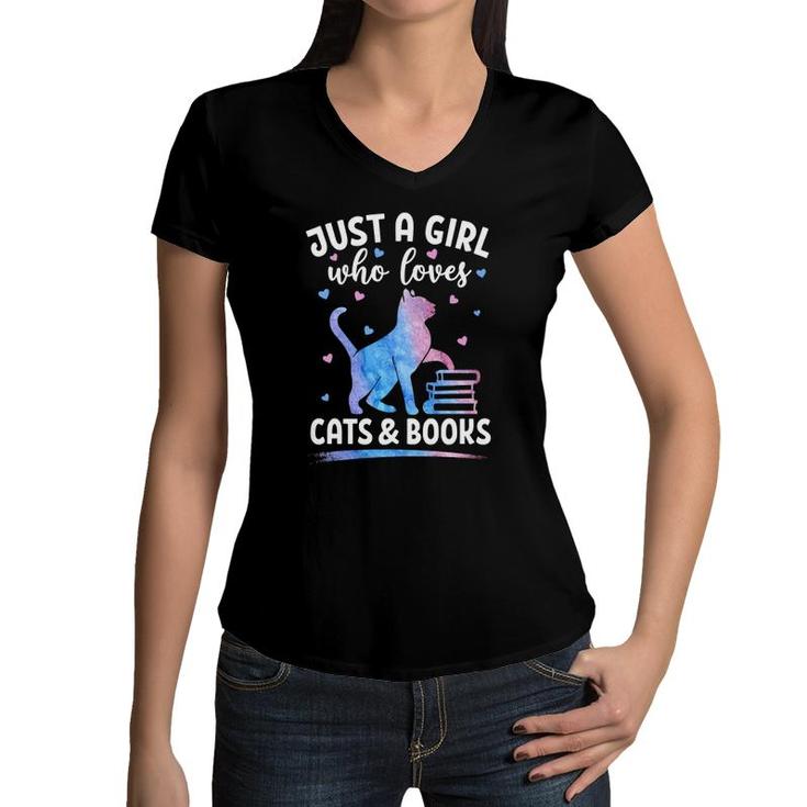 Just A Girl Who Loves Cats & Books Watercolor Cat Book Lover  Women V-Neck T-Shirt