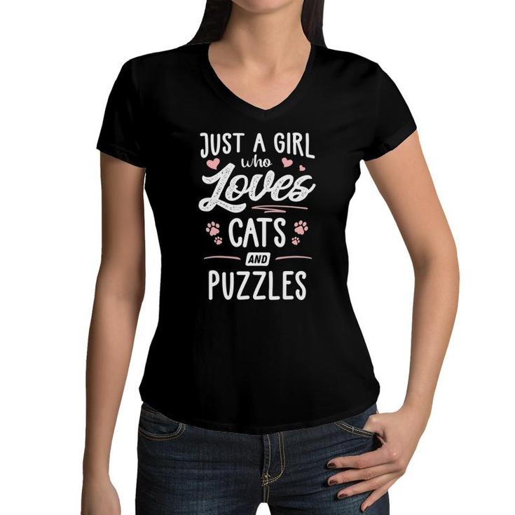 Just A Girl Who Loves Cats And Puzzles Gift Cat Lover Women V-Neck T-Shirt