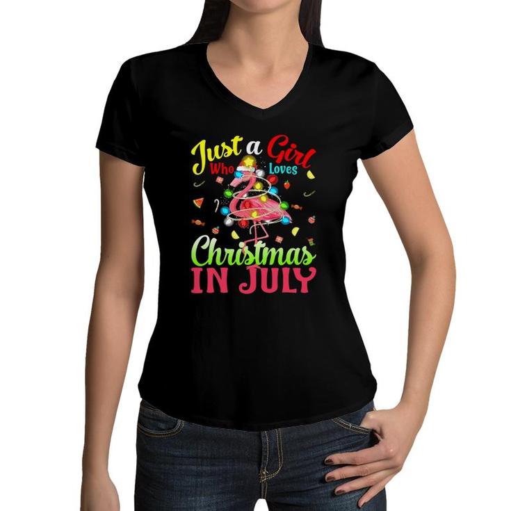 Just A Girl Who Loves Christmas In July Flamingo Women V-Neck T-Shirt
