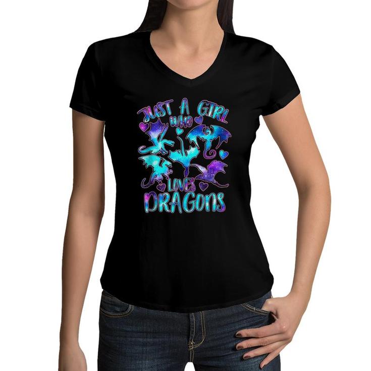 Just A Girl Who Loves Dragons Galaxy Dragon Lover Girls Women V-Neck T-Shirt