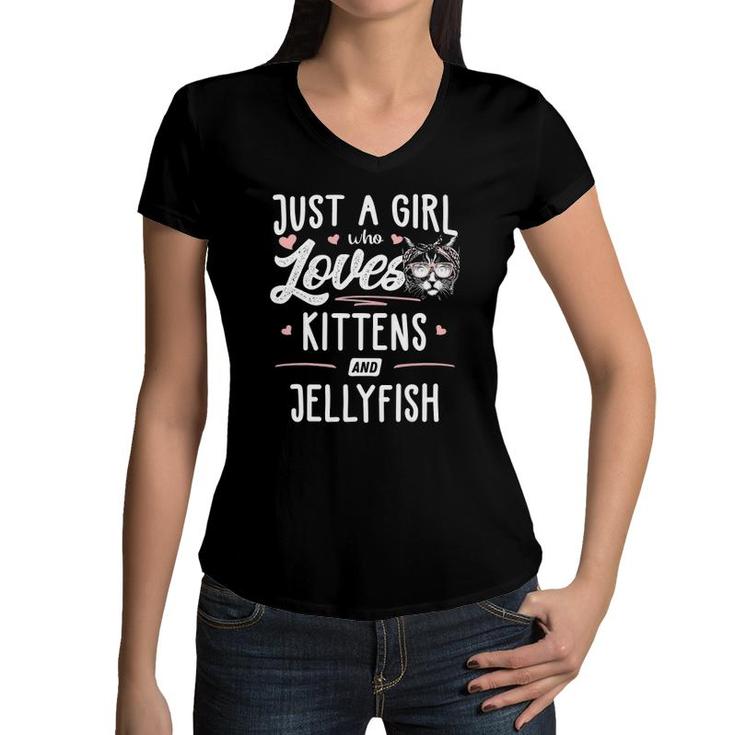 Just A Girl Who Loves Kittens And Jellyfish Gift Cat Women V-Neck T-Shirt