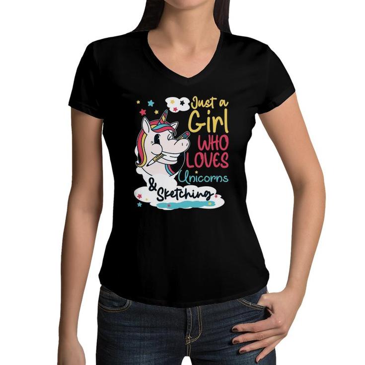 Just A Girl Who Loves Unicorns & Sketching Pullover Women V-Neck T-Shirt