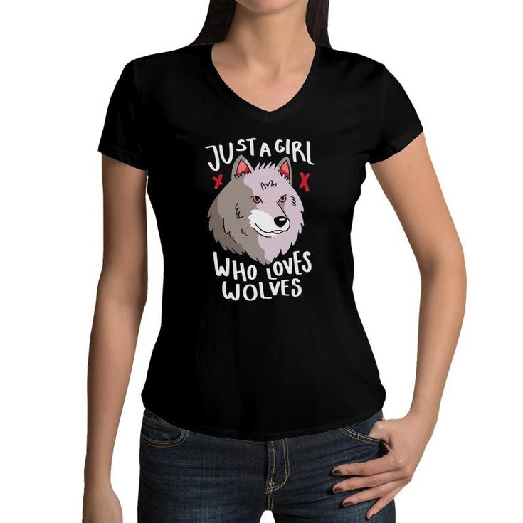 Just A Girl Who Loves Wolves Youth Werewolf Full Women V-Neck T-Shirt