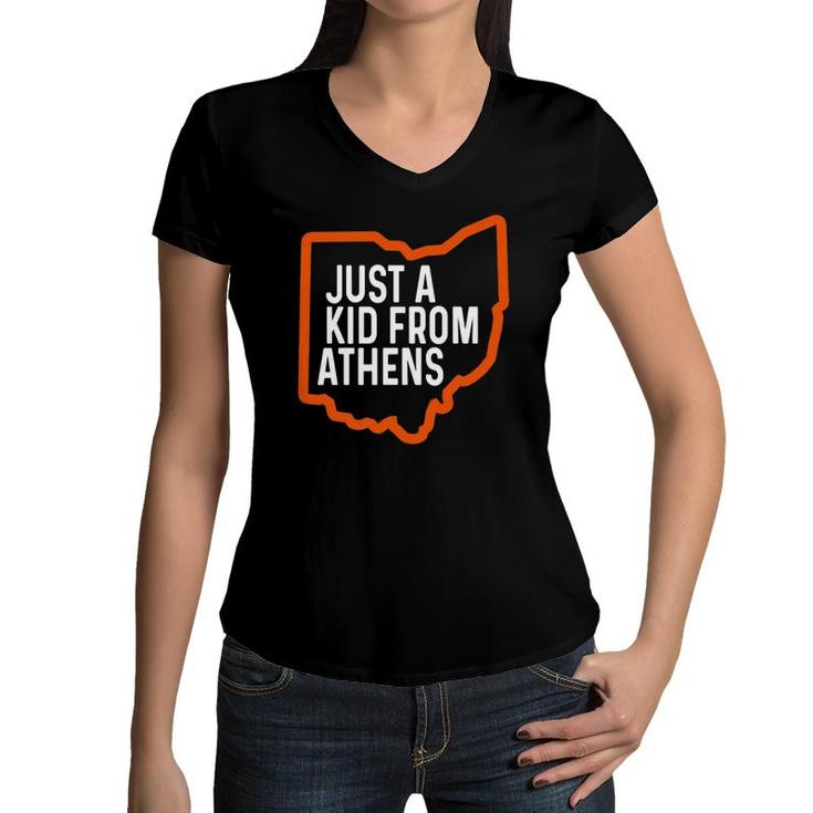 Just A Kid From Athens Ohio Cincinnati Burr Oh Orange Black Women V-Neck T-Shirt
