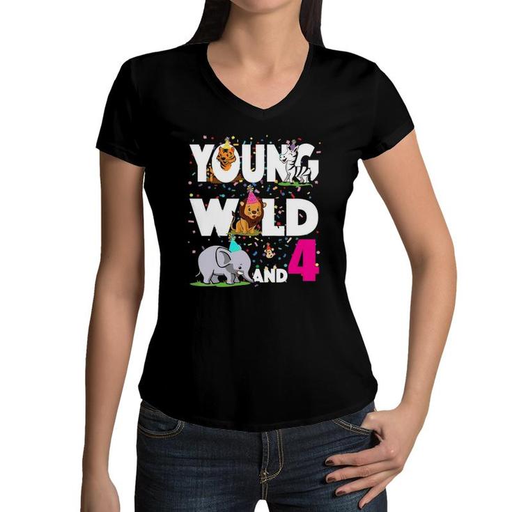 Kids 4 Years Old Birthday Girl Safari Zoo Jungle Young Wild & 4 Women V-Neck T-Shirt
