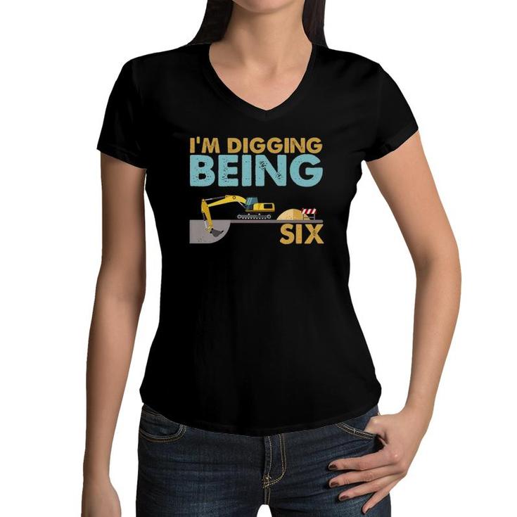 Kids 6Th Birthday I'm Digging Being Six  Women V-Neck T-Shirt