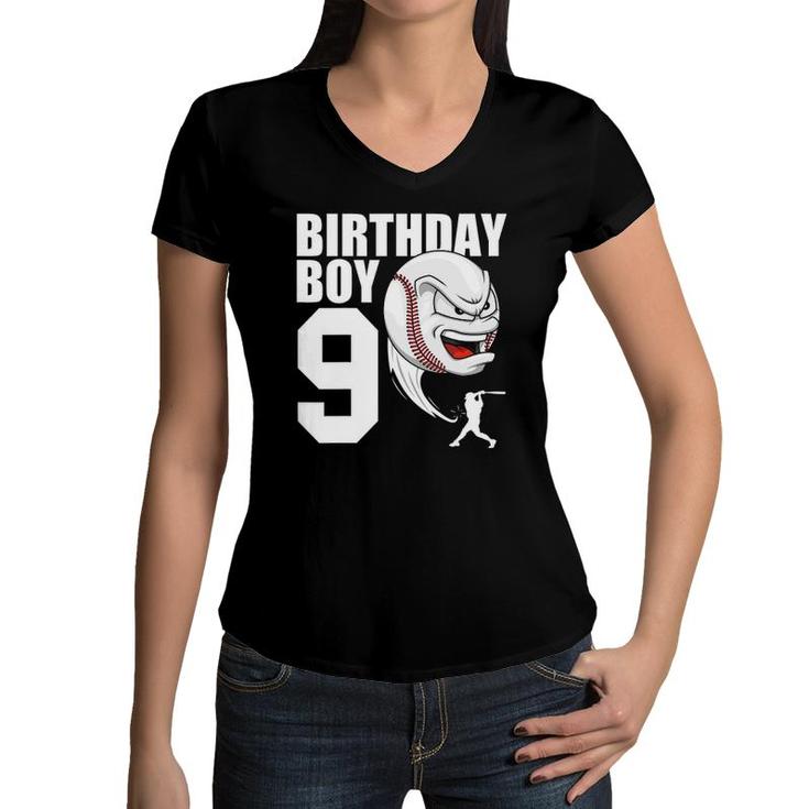Kids 9 Years Old Baseball Birthday Party Theme 9Th Gift For Boy Women V-Neck T-Shirt