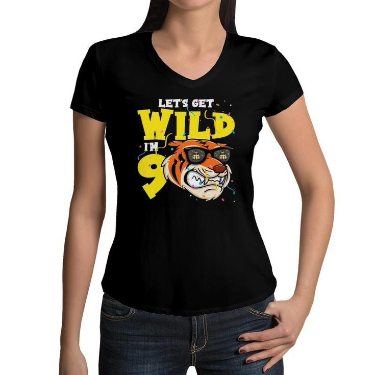 Kids 9Th Birthday Tiger Lets Get Wild 9 Years Old Boy Girl Women V-Neck T-Shirt