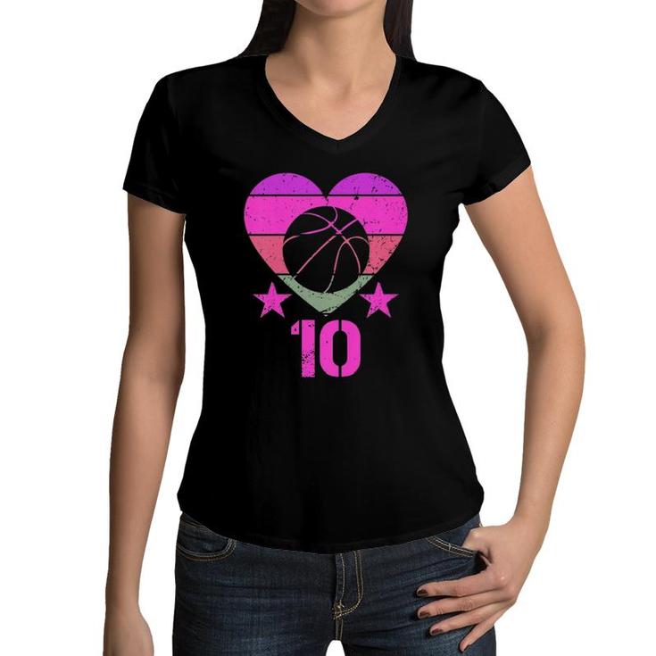 Kids Basketball Birthday 10 Years Old Boy Girl Tenth 10Th Birthday Women V-Neck T-Shirt