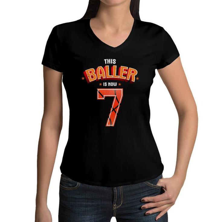Kids Basketball Boys 7Th Birthday This Baller Is Now 7 Gift Women V-Neck T-Shirt