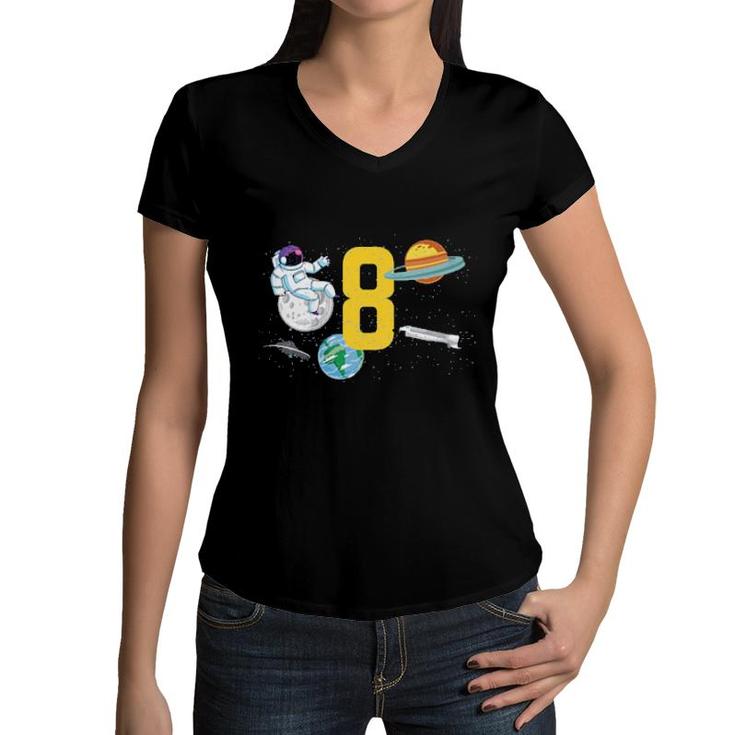Kids Birthday Idea 8 Years Old Boy Astronaut Planet Fun Birthday  Women V-Neck T-Shirt