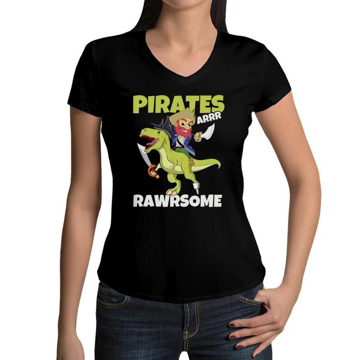 Kids Caribbean Pirates Are Rawrsome Toddler Boy Dinosaur Pirate Women V-Neck T-Shirt