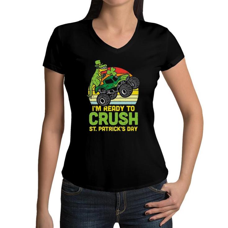 Kids Dino Monster Truck Ready Crush St Patrick's Day Toddler Boys Women V-Neck T-Shirt