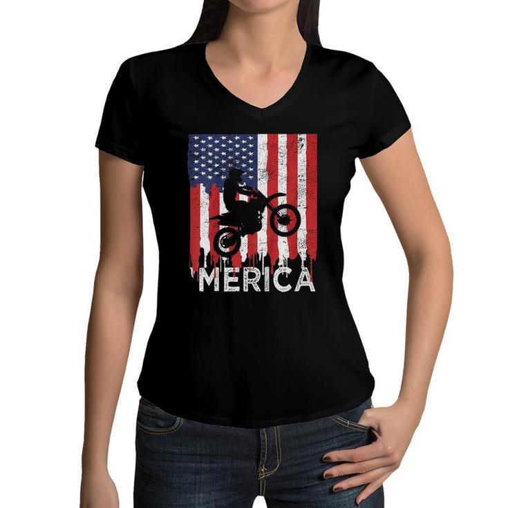 Kids Dirt Bike 'Merica American Flag 4Th Of July Boys Vintage Women V-Neck T-Shirt