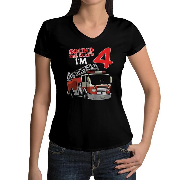 Kids Fire Truck 4Th Birthday Firefighter 4 Years Old Toddler Bday Women V-Neck T-Shirt