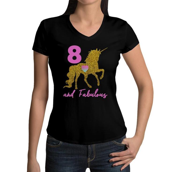 Kids Girls 8Th Birthday Unicorn Fabulous 8 Years Old Party  Women V-Neck T-Shirt