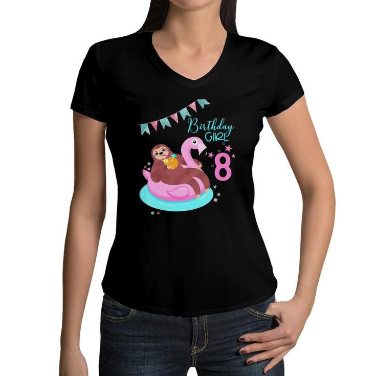 Kids Girls Sloth Birthday Flamingo Pineapple 8Th Women V-Neck T-Shirt