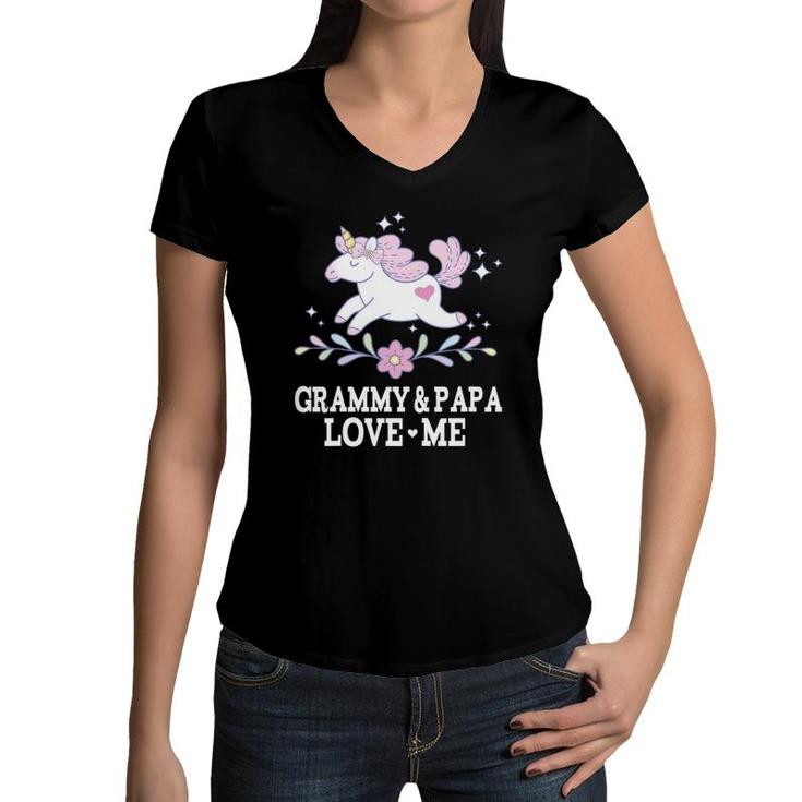 Kids Grammy And Papa Love Me Granddaughter Unicorn Women V-Neck T-Shirt