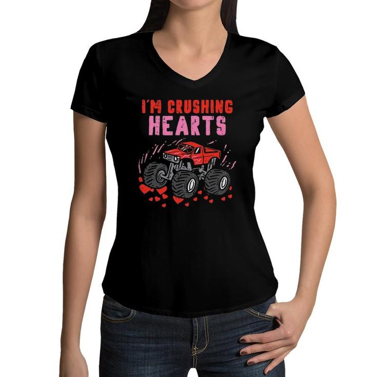 Kids I Crush Hearts Monster Truck Toddler Boys Valentines Women V-Neck T-Shirt