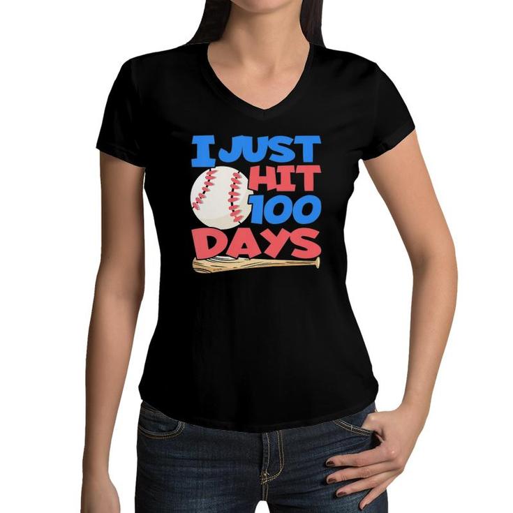 Kids I Just Hit 100 Days - 100 Days Of School Baseball Women V-Neck T-Shirt