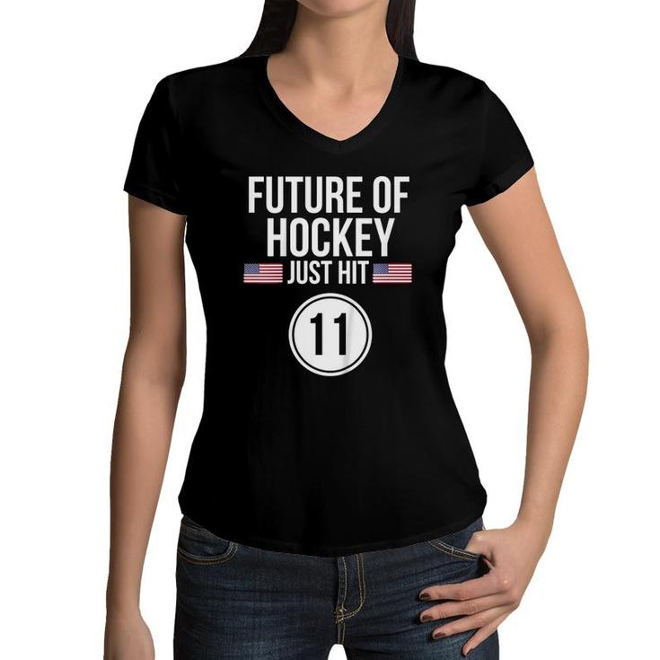 Kids Ice Hockey 11Th Birthday 11 Years Old Birthday Women V-Neck T-Shirt