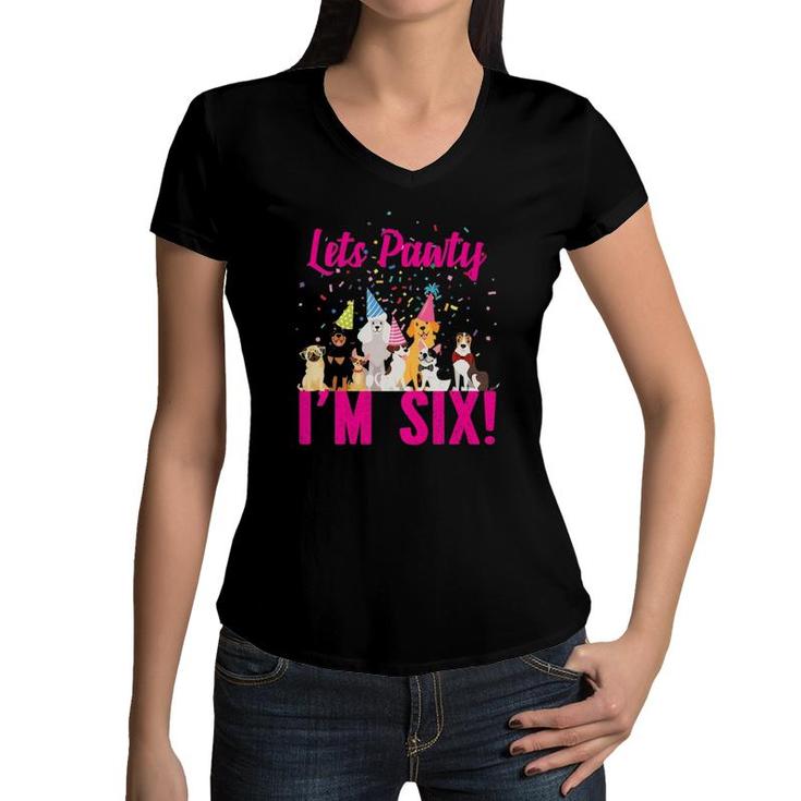 Kids Lets Pawty I'm Six Puppy Dog Themed Birthday Party Outfit Women V-Neck T-Shirt