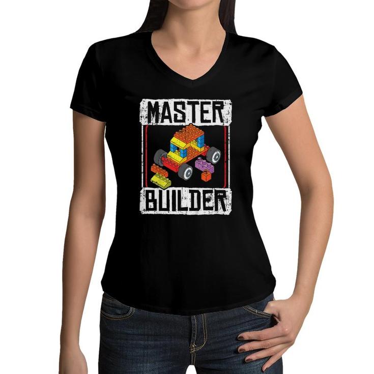 Kids Master Builder For A Builder Block Building Blocks Bricks Women V-Neck T-Shirt