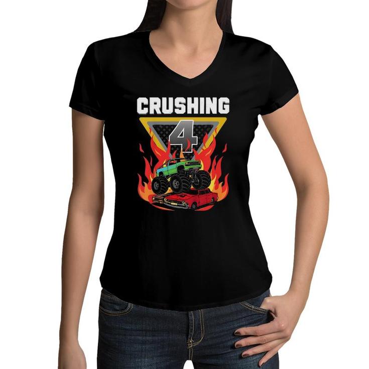 Kids Monster Truck Crushing I'm 4 Your Monster Truck 4Th Birthday Women V-Neck T-Shirt