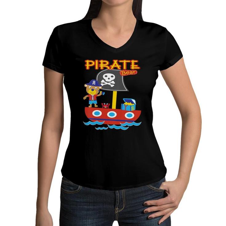 Kids Pirate Bear Funny Treasure Crab Ship Ocean Adventure Animal Women V-Neck T-Shirt
