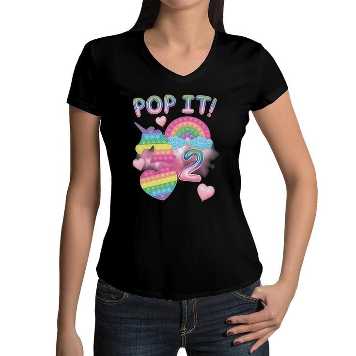 Kids Pop It 2Nd Birthday Girls 2 Years Old Unicorn Rainbow Fidget Women V-Neck T-Shirt