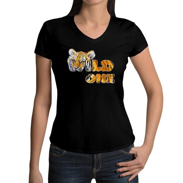 Kids Tiger  Wild One Tee Wildlife Animal For Kids Women V-Neck T-Shirt