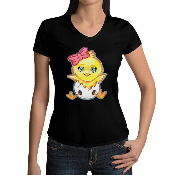 Kids Yellow Baby Chick With Pink Bow Girls Women V-Neck T-Shirt