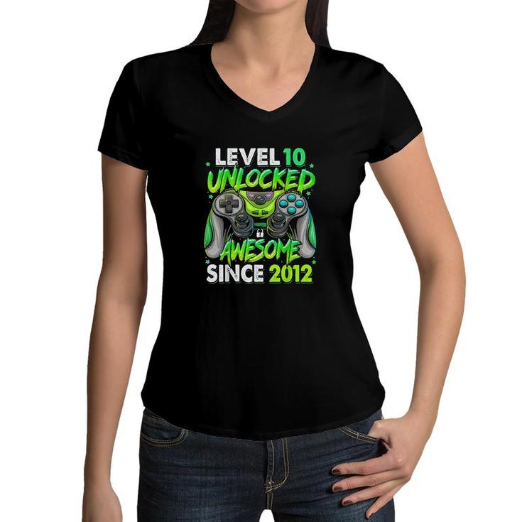 Level 10 Unlocked Awesome Since 2012 10th Birthday Gaming  Women V-Neck T-Shirt