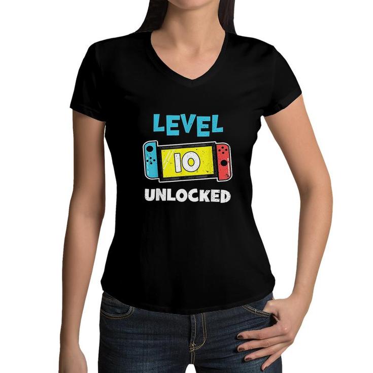 Level 10 Unlocked Gamer 10th Birthday Gift Video Game Lovers  Women V-Neck T-Shirt