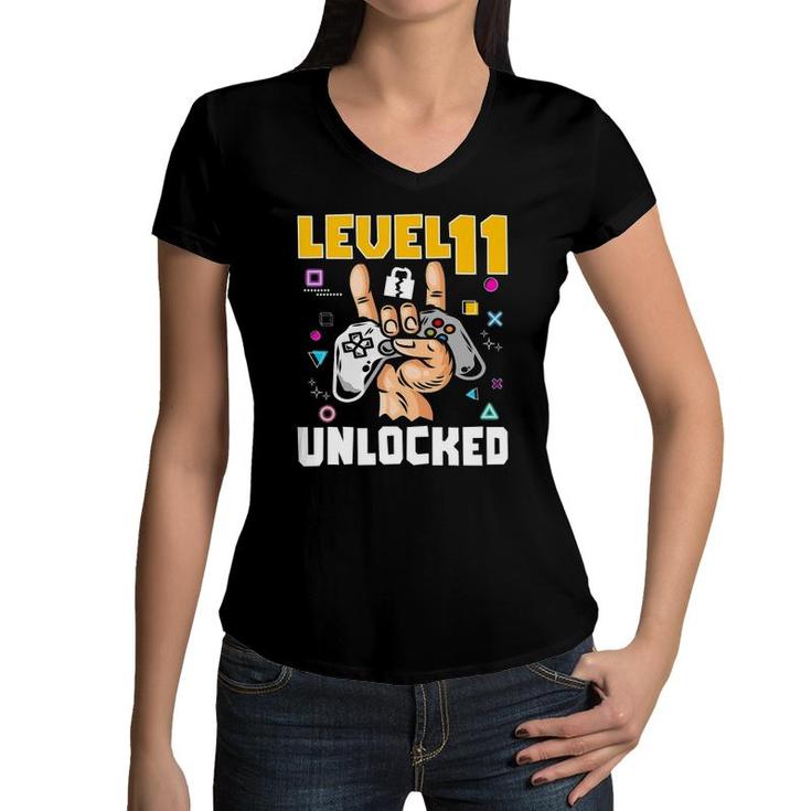 Level 11 Unlocked Awesome Video Game 11Th Birthday Kids Gift Women V-Neck T-Shirt