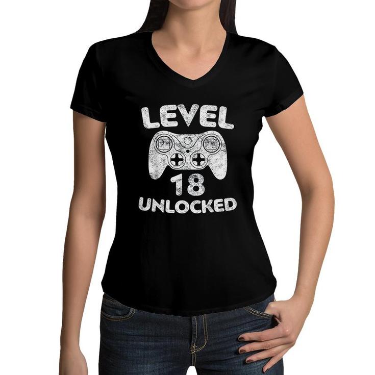 Level 18 Unlocked 18th Video Gamer Birthday Gift White Women V-Neck T-Shirt