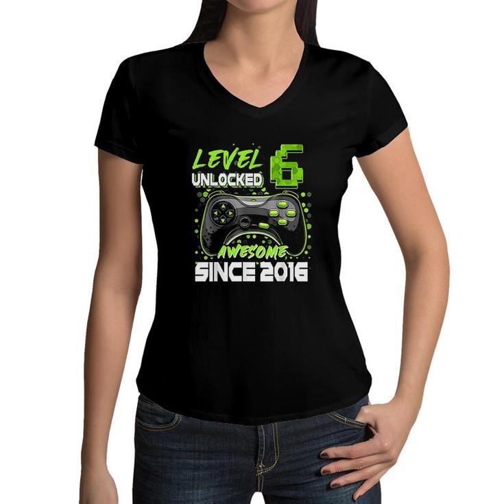 Level 6 Unlocked Awesome Since 2016 6th Birthday Boy  Women V-Neck T-Shirt