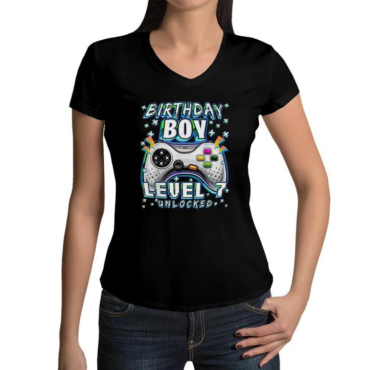 Level 7 Unlocked Video Game 7th Birthday Gamer Boys  Women V-Neck T-Shirt