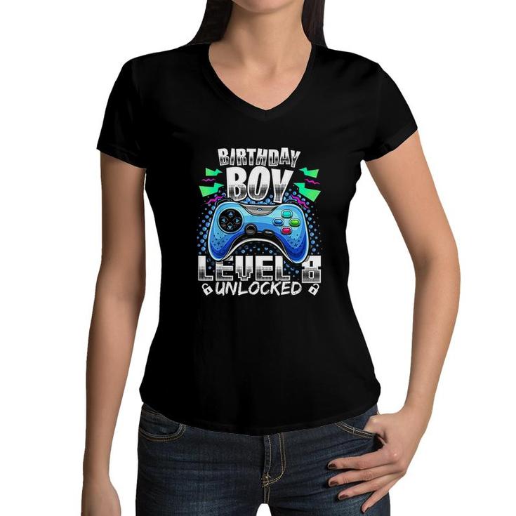 Level 8 Unlocked Video Game 8th Birthday Gamer Gift Boys Electronic Women V-Neck T-Shirt