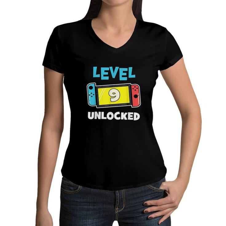 Level 9 Unlocked Gamer 9th Birthday Gift Video Game Lovers  Women V-Neck T-Shirt