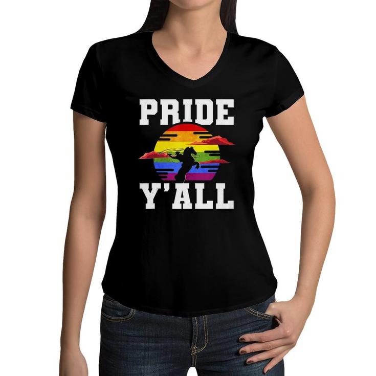 Lgbt Rainbow Gay Pride Flag Cowboy Hat Western Cowboy  Women V-Neck T-Shirt