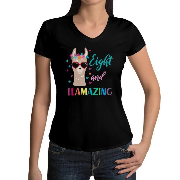 Llama Birthday  Outfit For Girls Eight And Llamazing Women V-Neck T-Shirt