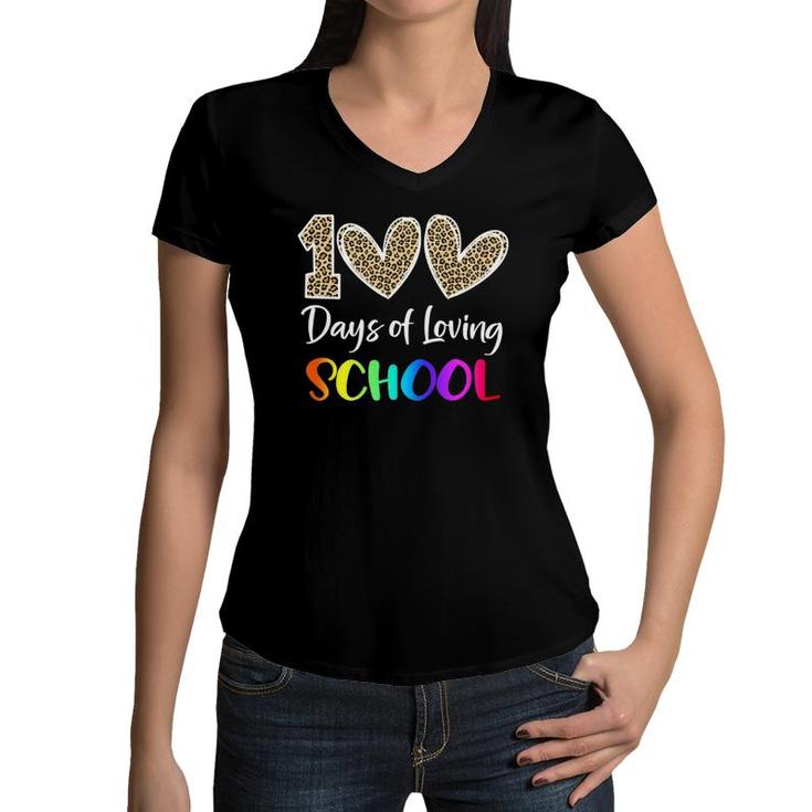 Loving 100 Days Of School Leopard Rainbow Teacher Boys Girls Women V-Neck T-Shirt