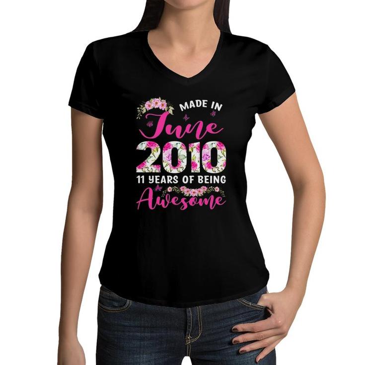 Made In June 2010 11Th Birthday Outfit 11 Years Old Girls Women V-Neck T-Shirt