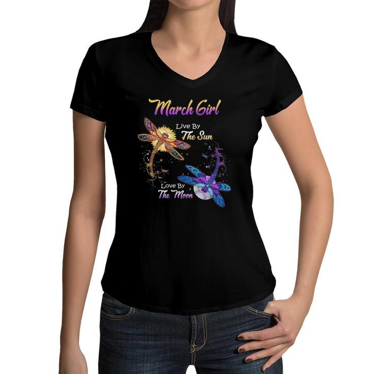 March Girl Lover Moon Dragonfly Funny Birthday Gift Women V-Neck T-Shirt