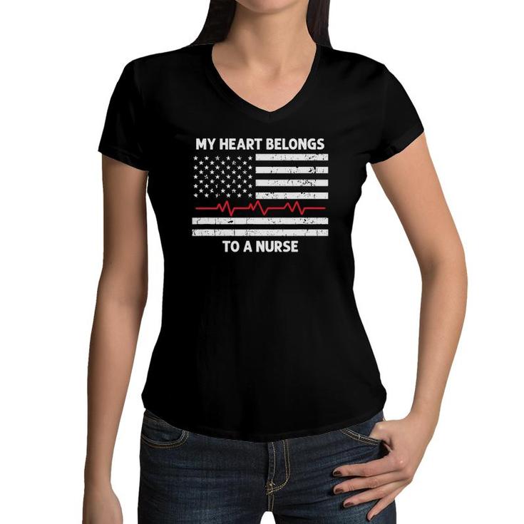 Mens Flag Heartbeat My Heart Belongs To A Nurse Husband Boyfriend Women V-Neck T-Shirt
