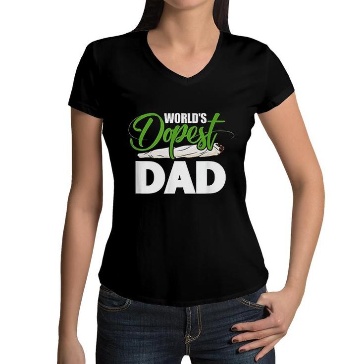 Mens Green White Worlds Dopest Dad Cannabis Marijuana Weed Funny Fathers Day  Women V-Neck T-Shirt