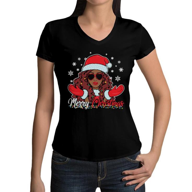 Merry Christmas African Black Girl Christmas Santa Claus  Women V-Neck T-Shirt