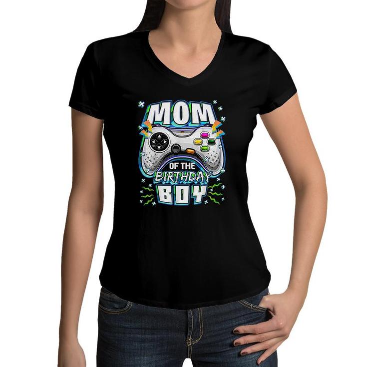 Mom Of The Birthday Boy Matching Video Gamer  Women V-Neck T-Shirt